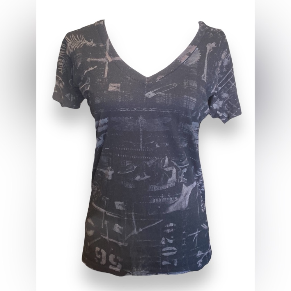 Affliction Vintage V Neck Short Sleeve Black & Grey Shirt Women’s Size S